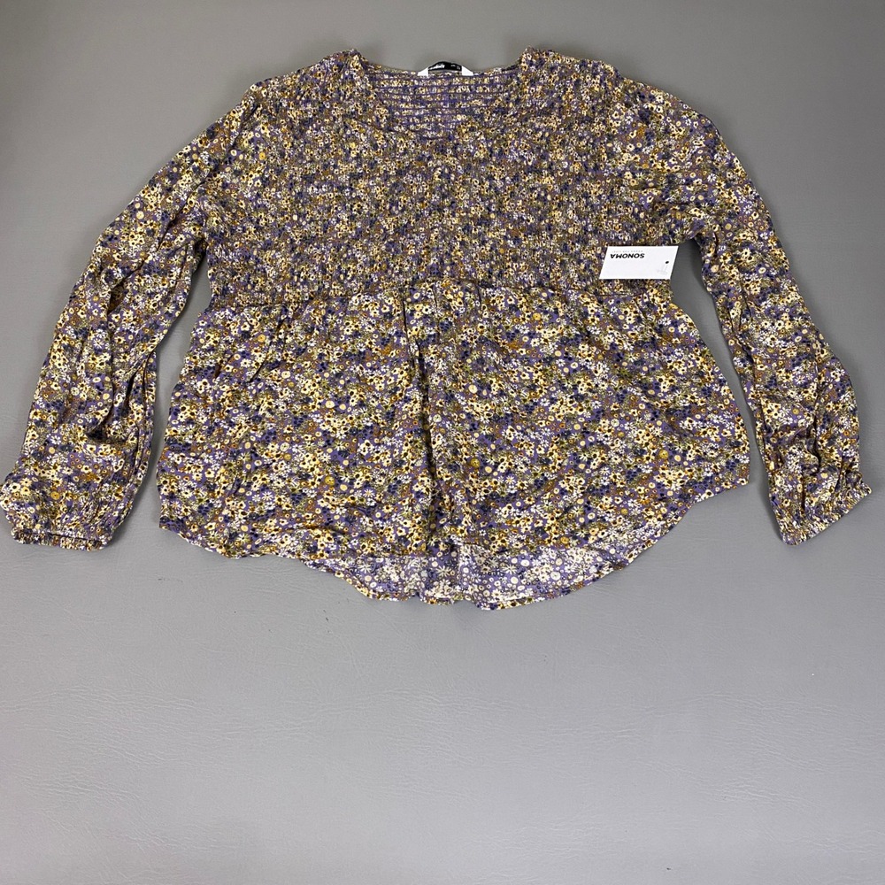 Sonoma Peplum Top Plus Size 1X Purple Floral Smocked Long Sleeve Rayon New NWT